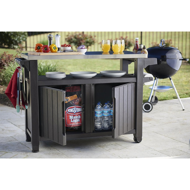 Keter Unity XL Outdoor Kitchen Rolling Bar Cart with Storage Cabinet Brown